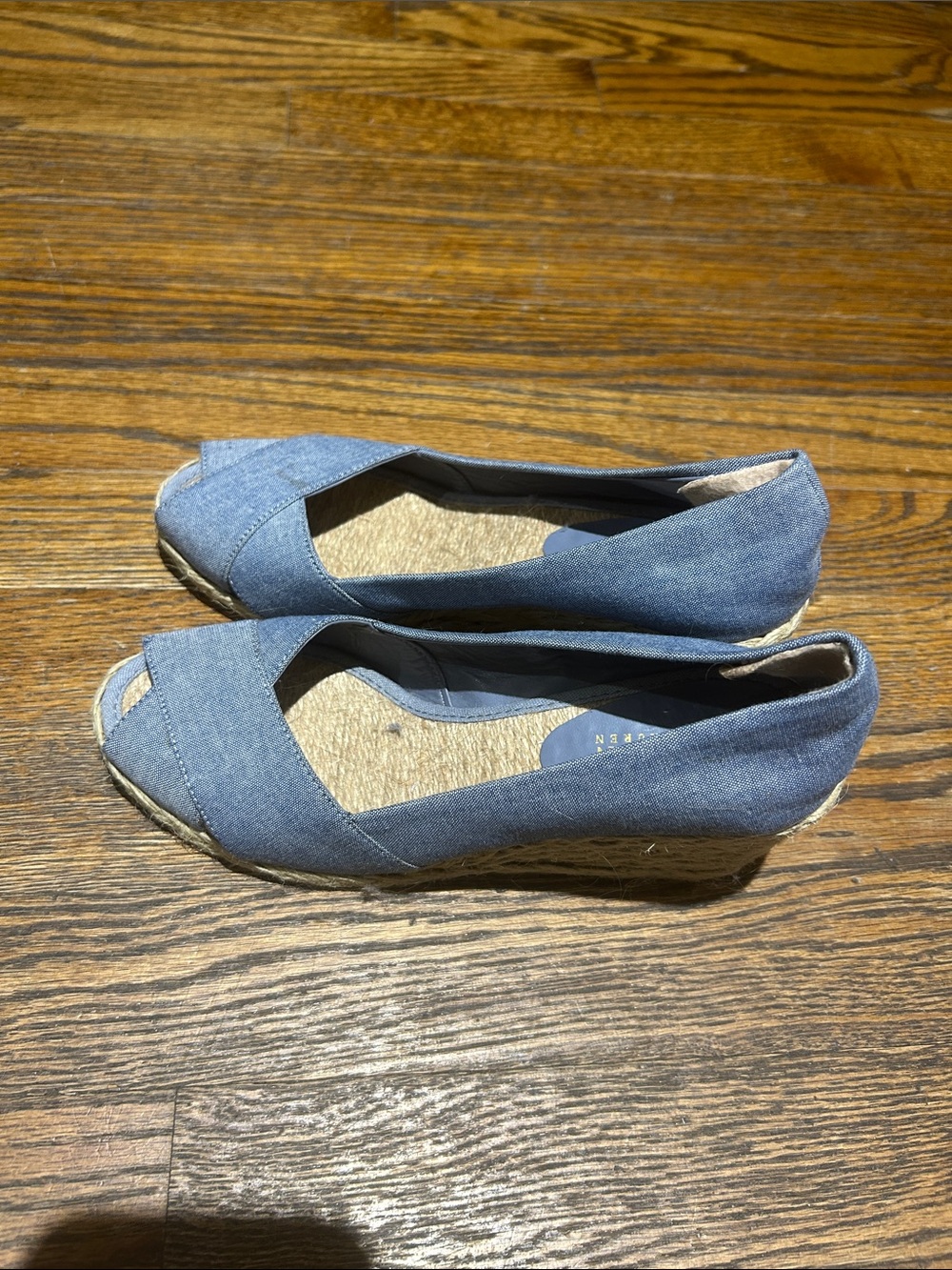 Ralph Lauren Denim Blue Cross‑Over Peep‑Toe Espadrille Wedges